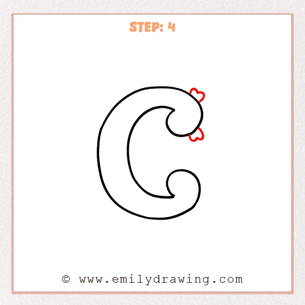 how to draw a fancy letter c - Step 4 of a fancy letter C drawing adds two small heart decorations beside the upper-right flourish, enhancing the calligraphy-style letter.